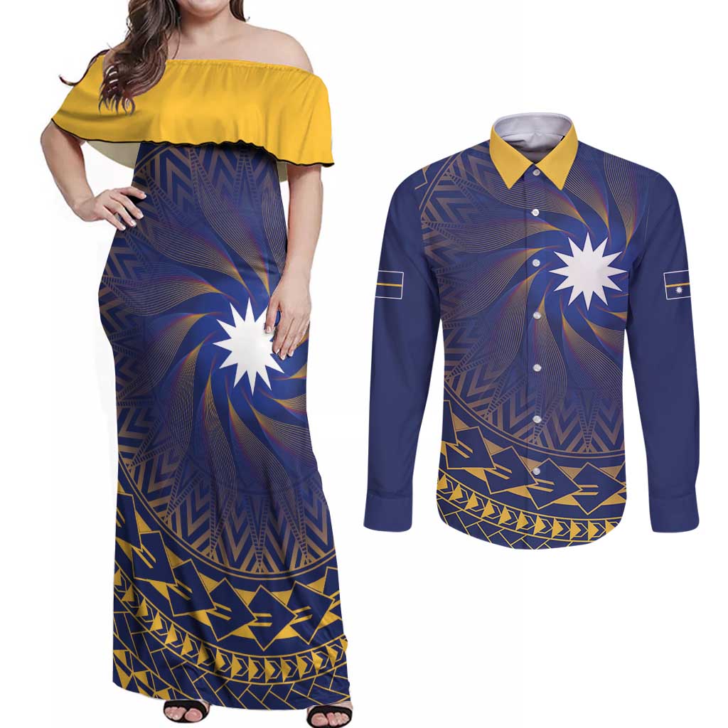 Nauru Angam Day Couples Matching Off Shoulder Maxi Dress and Long Sleeve Button Shirt Polynesian Tribal Pattern Unique Style - Polynesian Pride