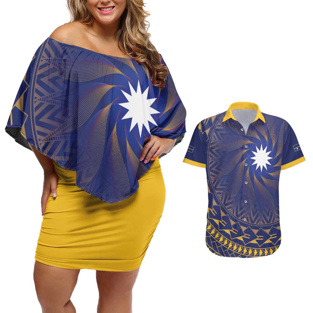 Nauru Angam Day Couples Matching Off Shoulder Short Dress and Hawaiian Shirt Polynesian Tribal Pattern Unique Style - Polynesian Pride