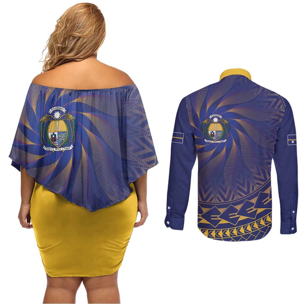 Nauru Angam Day Couples Matching Off Shoulder Short Dress and Long Sleeve Button Shirt Polynesian Tribal Pattern Unique Style - Polynesian Pride