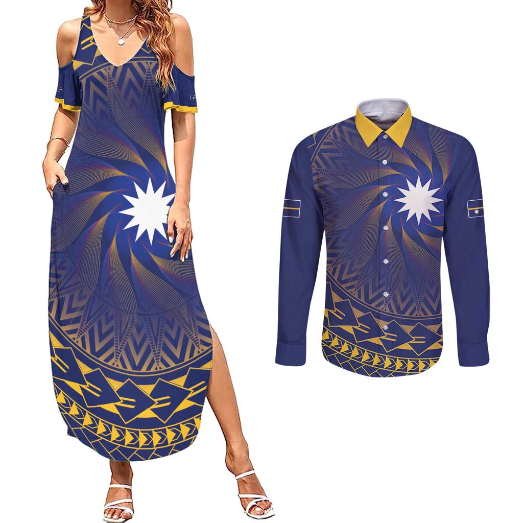 Nauru Angam Day Couples Matching Summer Maxi Dress and Long Sleeve Button Shirt Polynesian Tribal Pattern Unique Style - Polynesian Pride