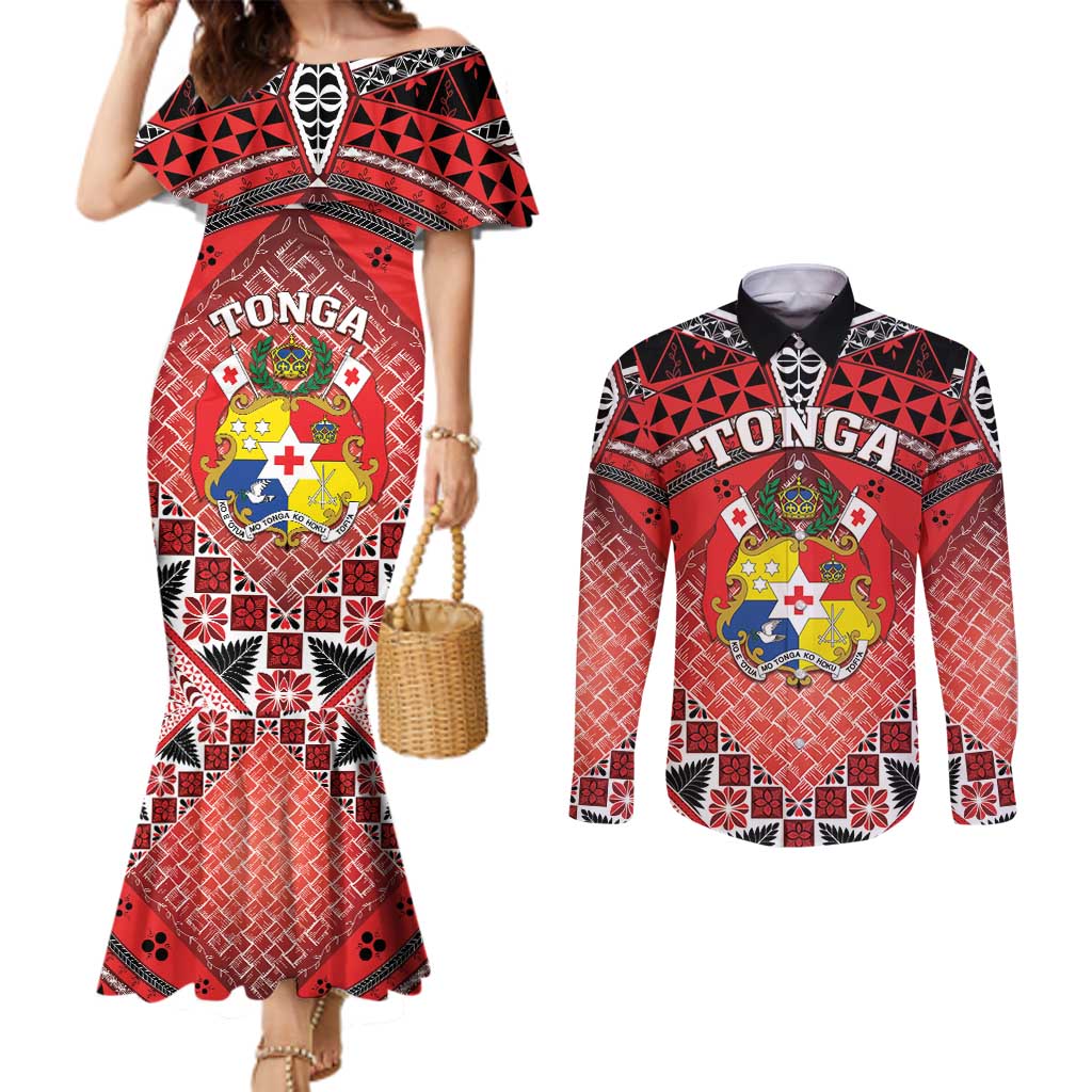 Personalised Tonga Constitution Day Couples Matching Mermaid Dress and Long Sleeve Button Shirt 150 Years Jubilee - Polynesian Pride