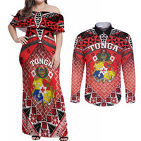 Personalised Tonga Constitution Day Couples Matching Off Shoulder Maxi Dress and Long Sleeve Button Shirt 150 Years Jubilee - Polynesian Pride