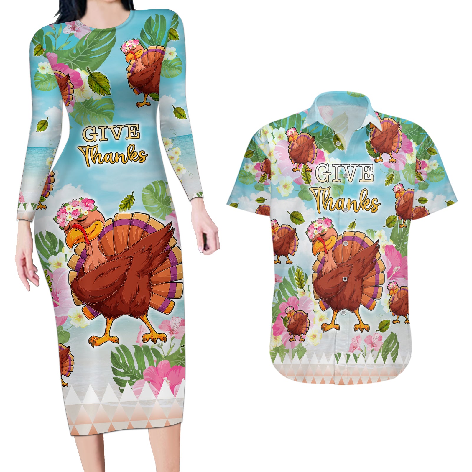 Hawaii Thanksgiving Couples Matching Long Sleeve Bodycon Dress and Hawaiian Shirt Funny Turkey Dabbing Dance LT05 Blue - Polynesian Pride