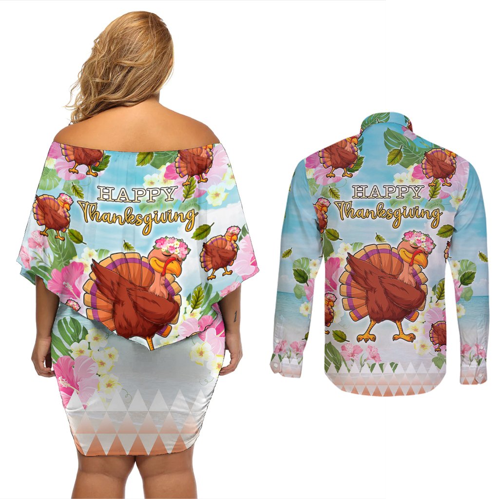 Hawaii Thanksgiving Couples Matching Off Shoulder Short Dress and Long Sleeve Button Shirt Funny Turkey Dabbing Dance LT05 - Polynesian Pride