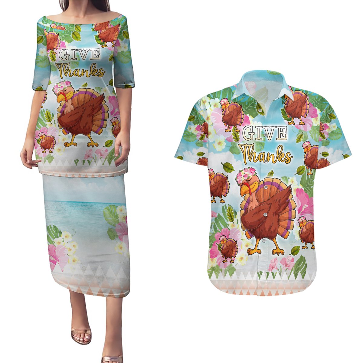 Hawaii Thanksgiving Couples Matching Puletasi Dress and Hawaiian Shirt Funny Turkey Dabbing Dance LT05 Blue - Polynesian Pride
