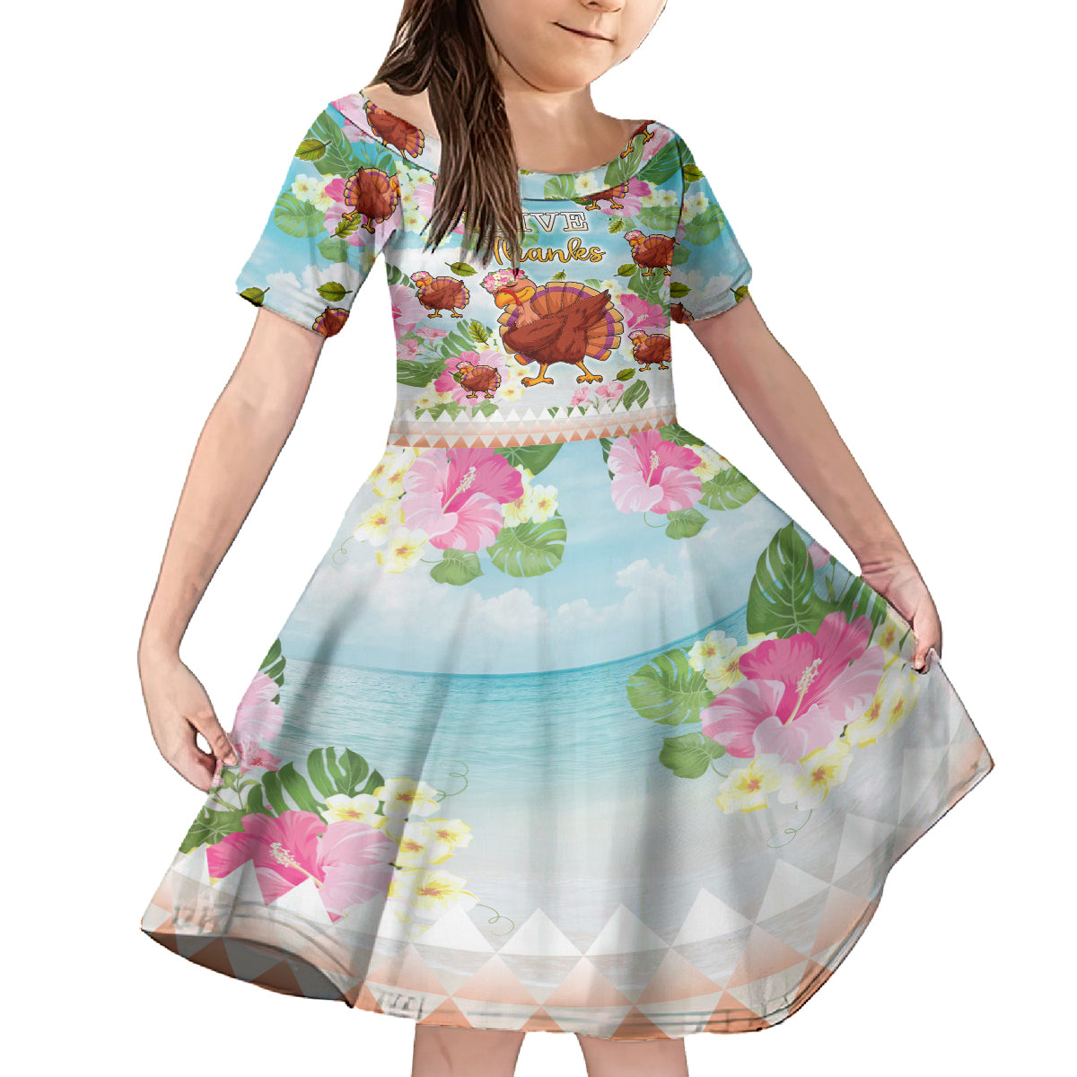 Hawaii Thanksgiving Family Matching Long Sleeve Bodycon Dress and Hawaiian Shirt Funny Turkey Dabbing Dance LT05 Daughter's Dress Blue - Polynesian Pride