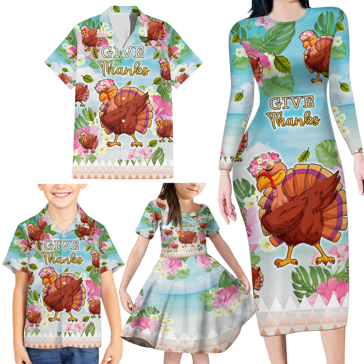 Hawaii Thanksgiving Family Matching Long Sleeve Bodycon Dress and Hawaiian Shirt Funny Turkey Dabbing Dance LT05 - Polynesian Pride