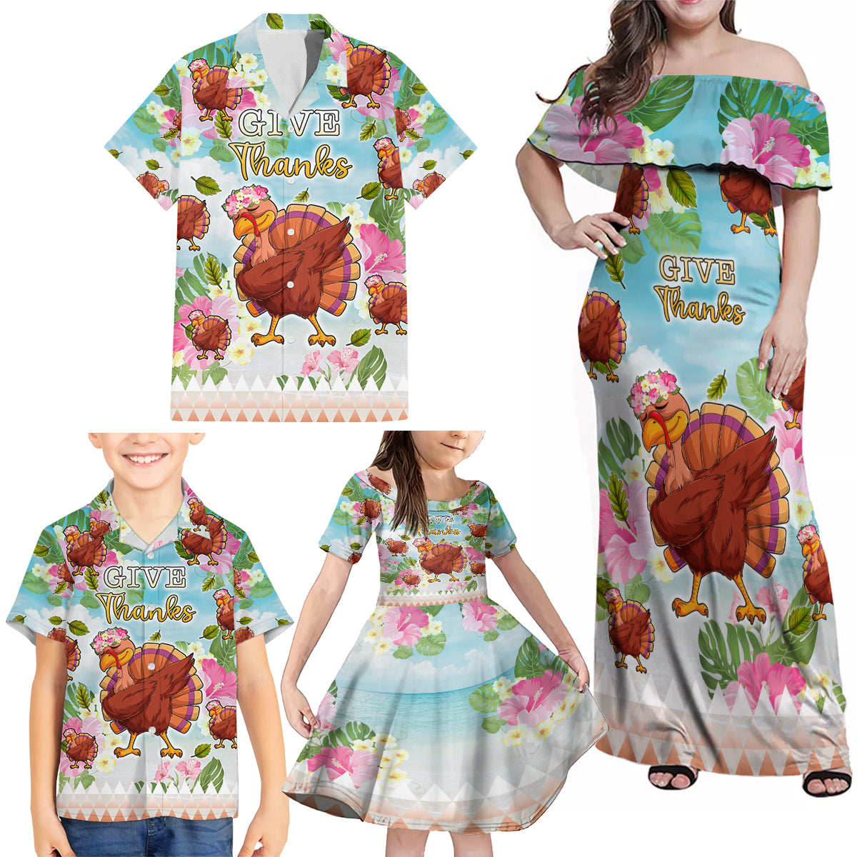 Hawaii Thanksgiving Family Matching Off Shoulder Maxi Dress and Hawaiian Shirt Funny Turkey Dabbing Dance LT05 - Polynesian Pride