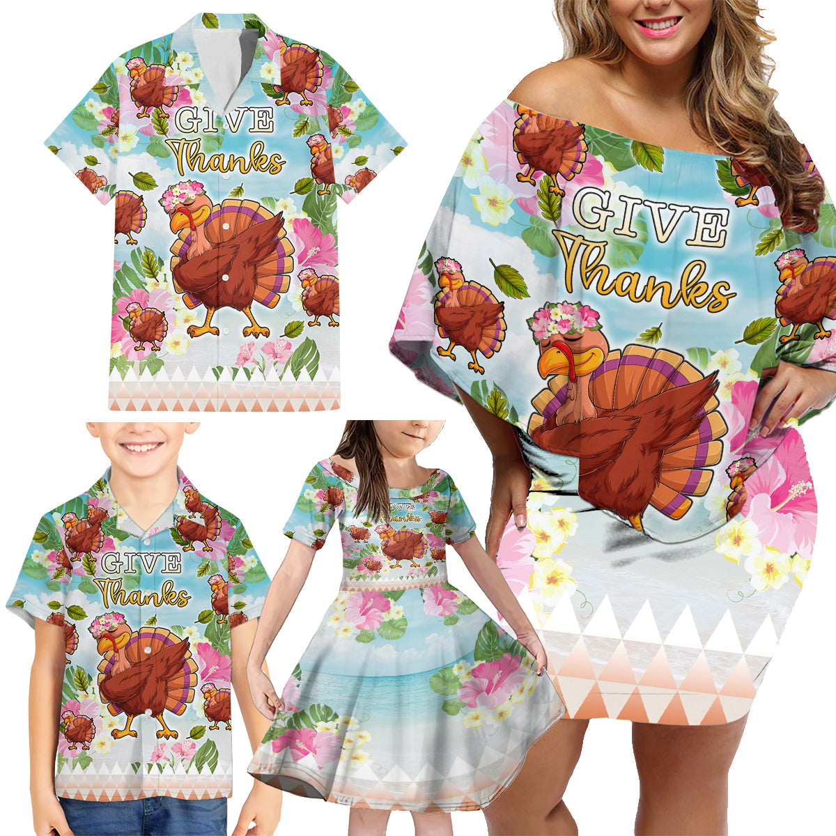 Hawaii Thanksgiving Family Matching Off Shoulder Short Dress and Hawaiian Shirt Funny Turkey Dabbing Dance LT05 - Polynesian Pride