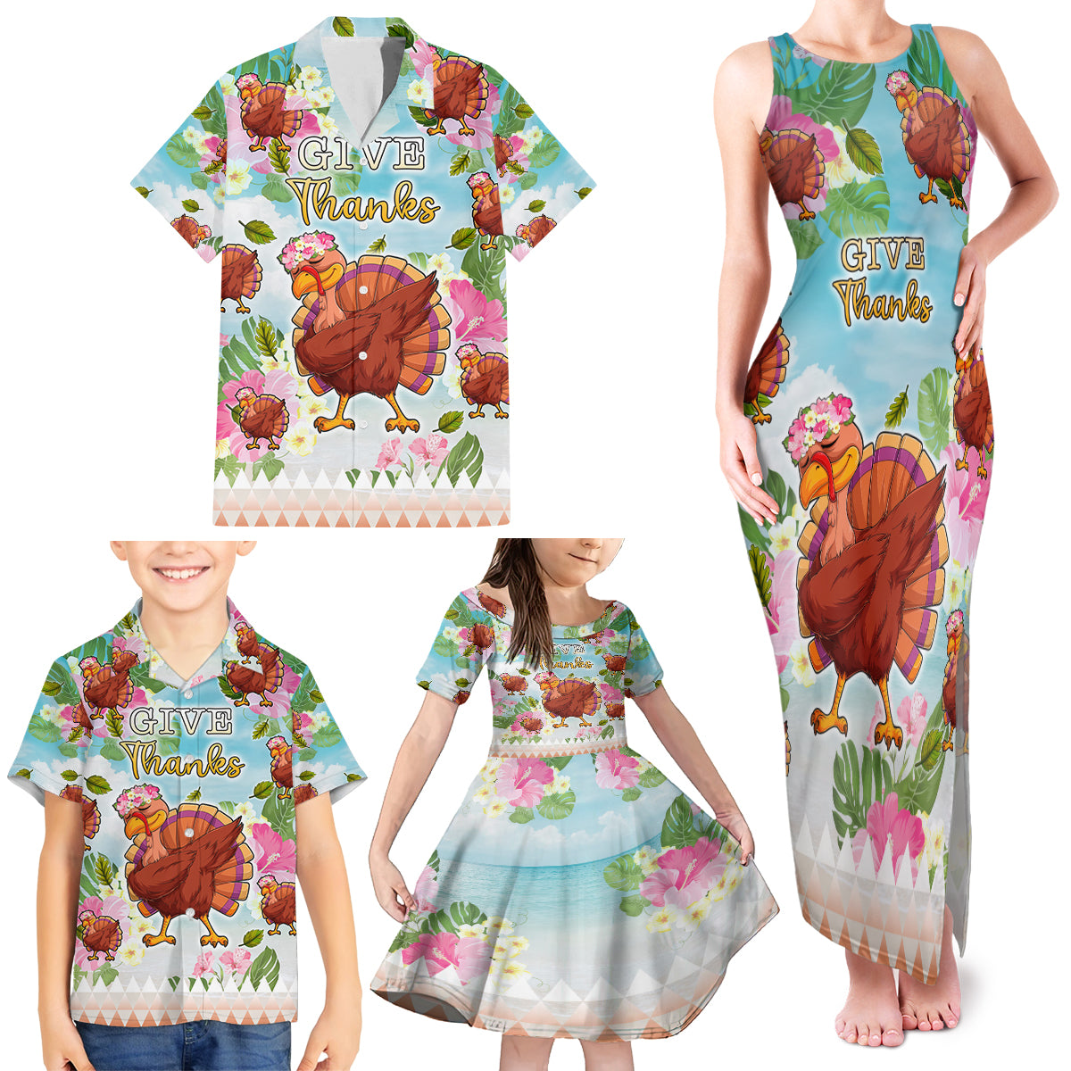 Hawaii Thanksgiving Family Matching Tank Maxi Dress and Hawaiian Shirt Funny Turkey Dabbing Dance LT05 - Polynesian Pride