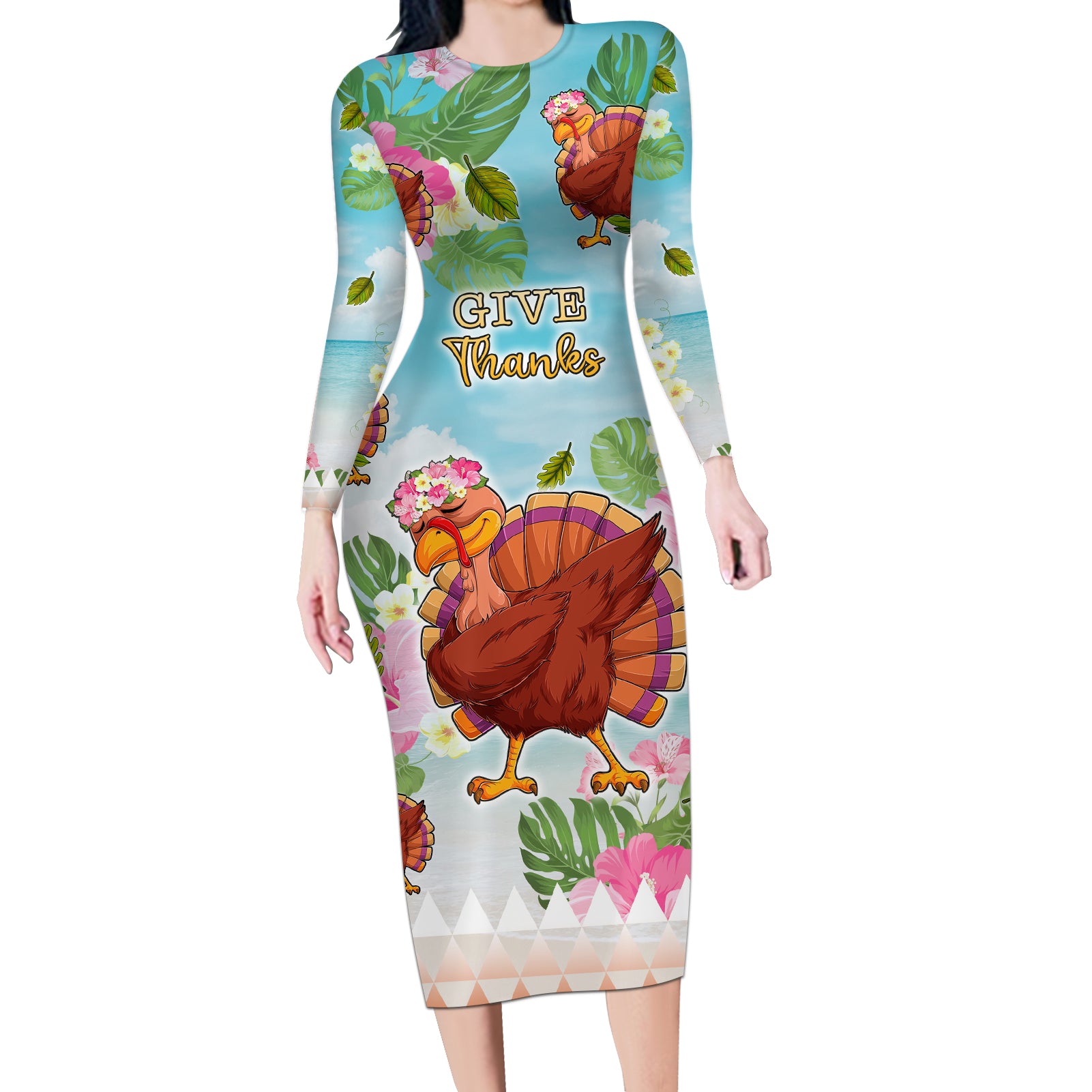 Hawaii Thanksgiving Long Sleeve Bodycon Dress Funny Turkey Dabbing Dance LT05 Long Dress Blue - Polynesian Pride