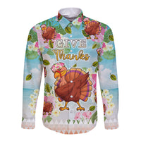 Hawaii Thanksgiving Long Sleeve Button Shirt Funny Turkey Dabbing Dance LT05 Unisex Blue - Polynesian Pride
