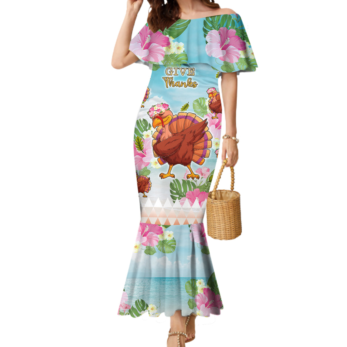 Hawaii Thanksgiving Mermaid Dress Funny Turkey Dabbing Dance LT05 Women Blue - Polynesian Pride