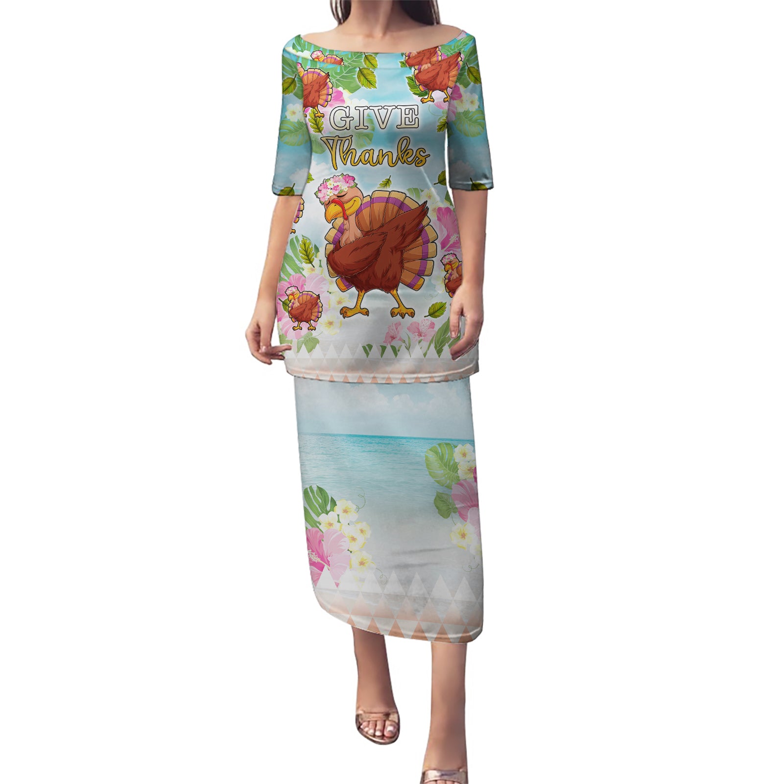 Hawaii Thanksgiving Puletasi Funny Turkey Dabbing Dance LT05 Long Dress Blue - Polynesian Pride