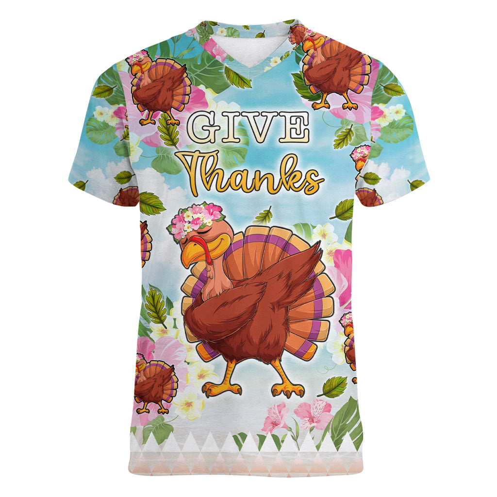 Hawaii Thanksgiving Women V Neck T Shirt Funny Turkey Dabbing Dance LT05 Female Blue - Polynesian Pride