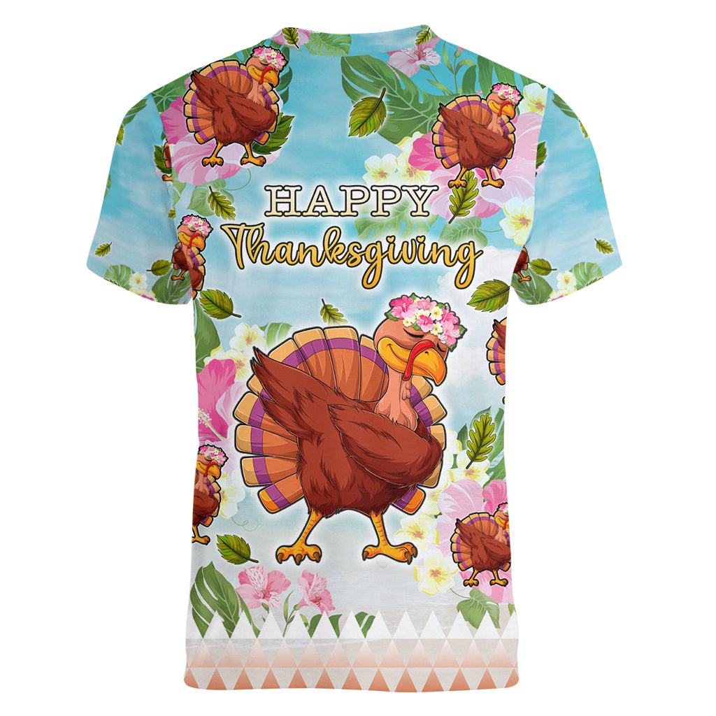 Hawaii Thanksgiving Women V Neck T Shirt Funny Turkey Dabbing Dance LT05 - Polynesian Pride