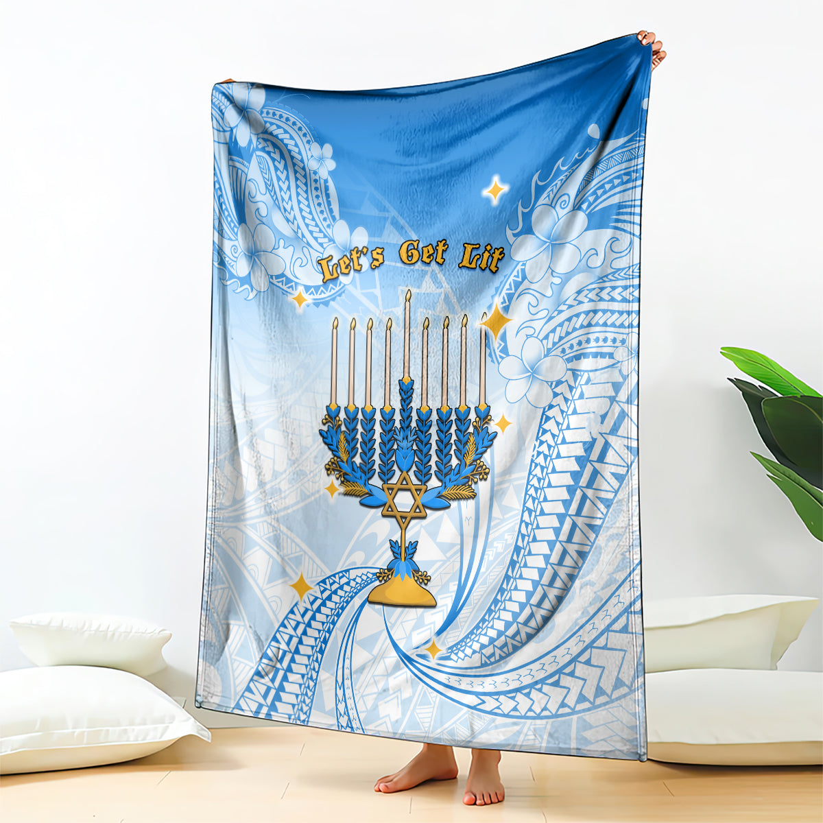 Polynesia Hanukkah Festival Blanket With Menorah Polynesian Style LT05 Blue - Polynesian Pride