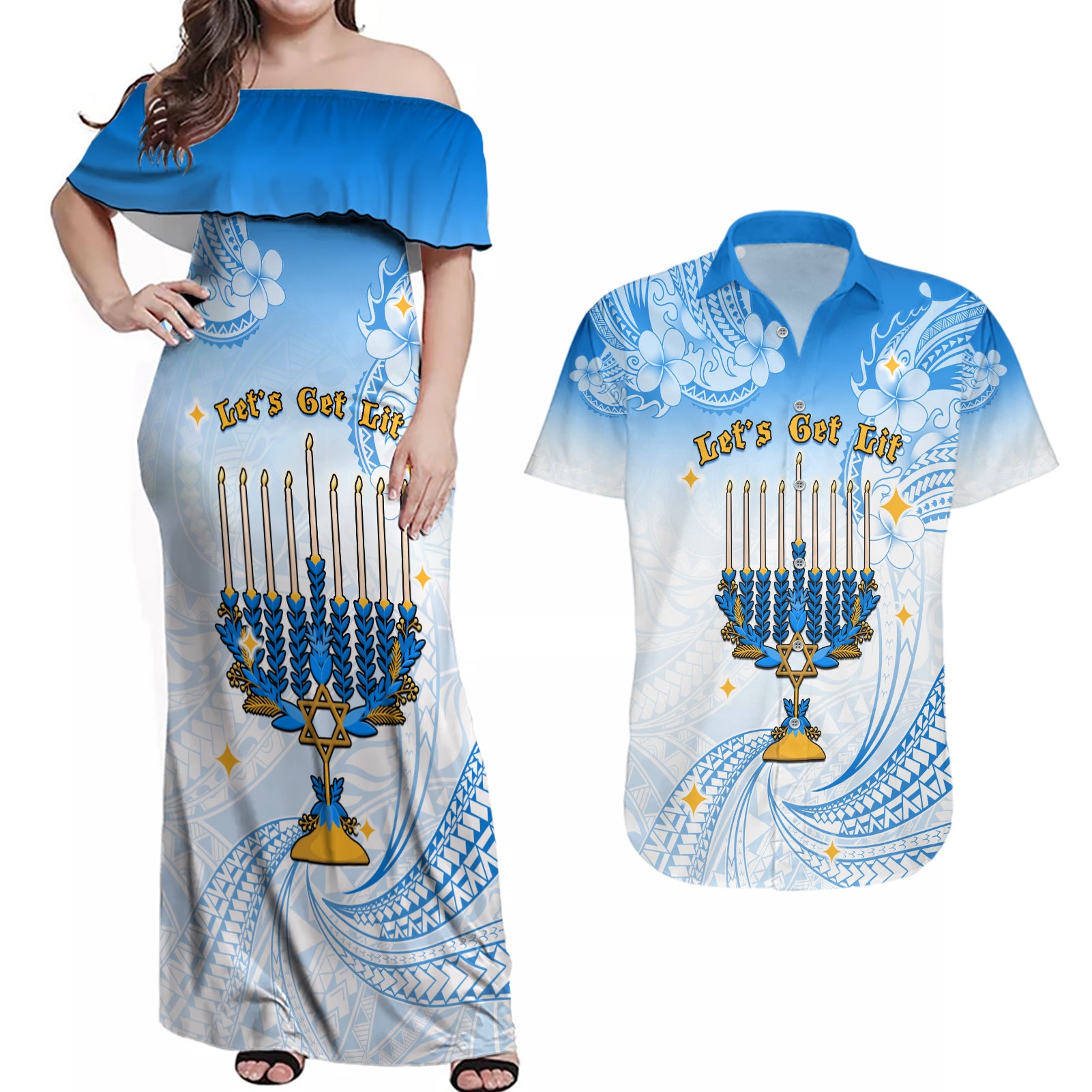 Polynesia Hanukkah Festival Couples Matching Off Shoulder Maxi Dress and Hawaiian Shirt With Menorah Polynesian Style LT05 Blue - Polynesian Pride