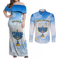 Polynesia Hanukkah Festival Couples Matching Off Shoulder Maxi Dress and Long Sleeve Button Shirt With Menorah Polynesian Style LT05 Blue - Polynesian Pride