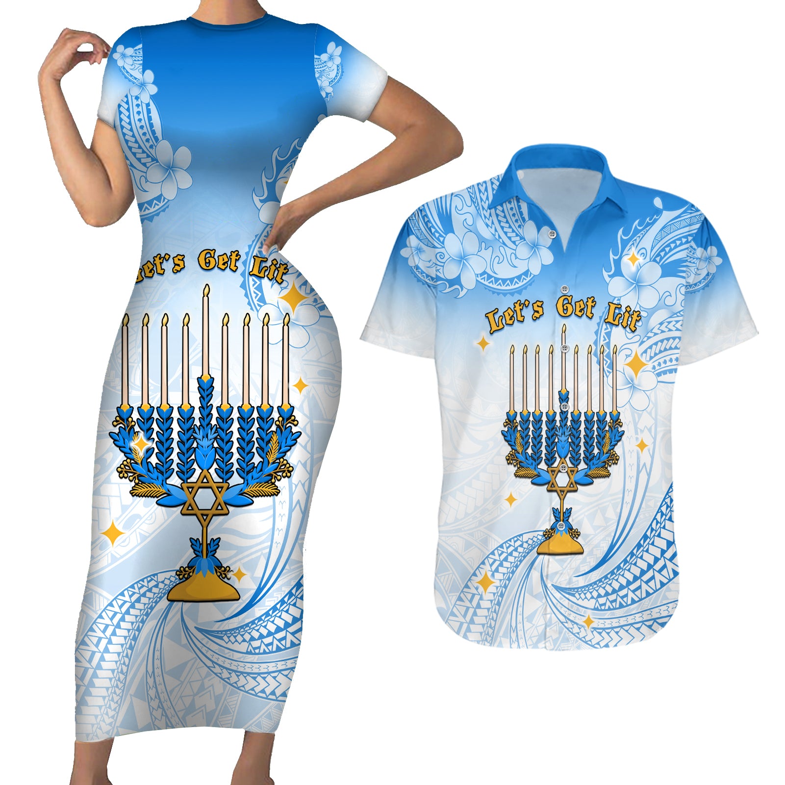 Polynesia Hanukkah Festival Couples Matching Short Sleeve Bodycon Dress and Hawaiian Shirt With Menorah Polynesian Style LT05 Blue - Polynesian Pride