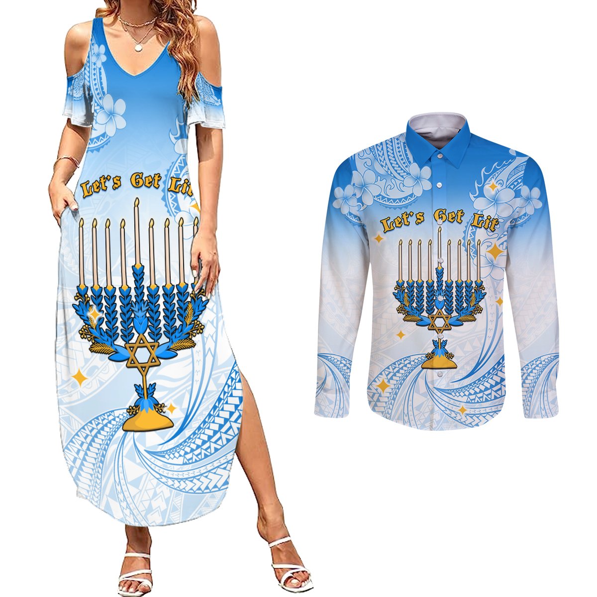 Polynesia Hanukkah Festival Couples Matching Summer Maxi Dress and Long Sleeve Button Shirt With Menorah Polynesian Style LT05 Blue - Polynesian Pride