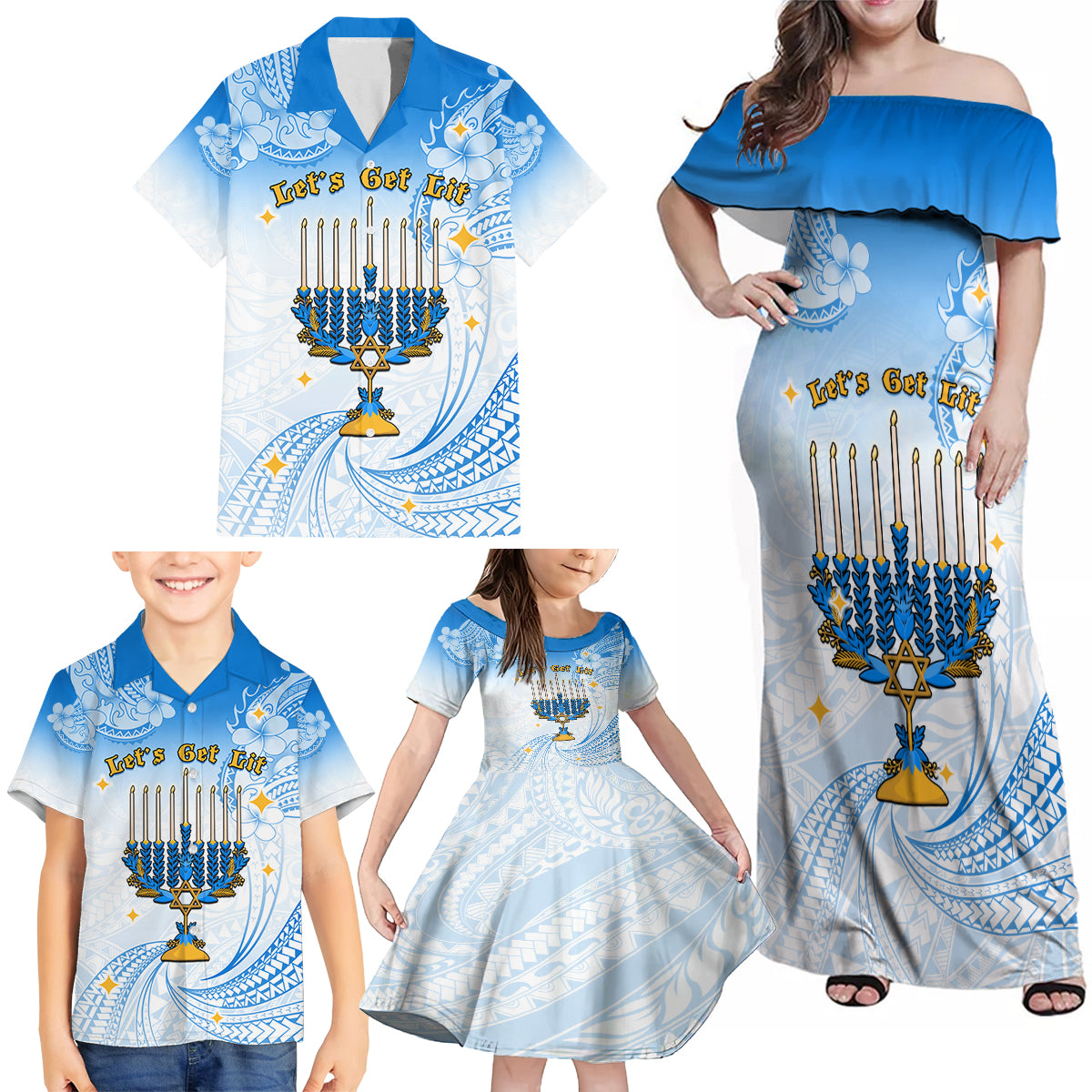 Polynesia Hanukkah Festival Family Matching Off Shoulder Maxi Dress and Hawaiian Shirt With Menorah Polynesian Style LT05 - Polynesian Pride