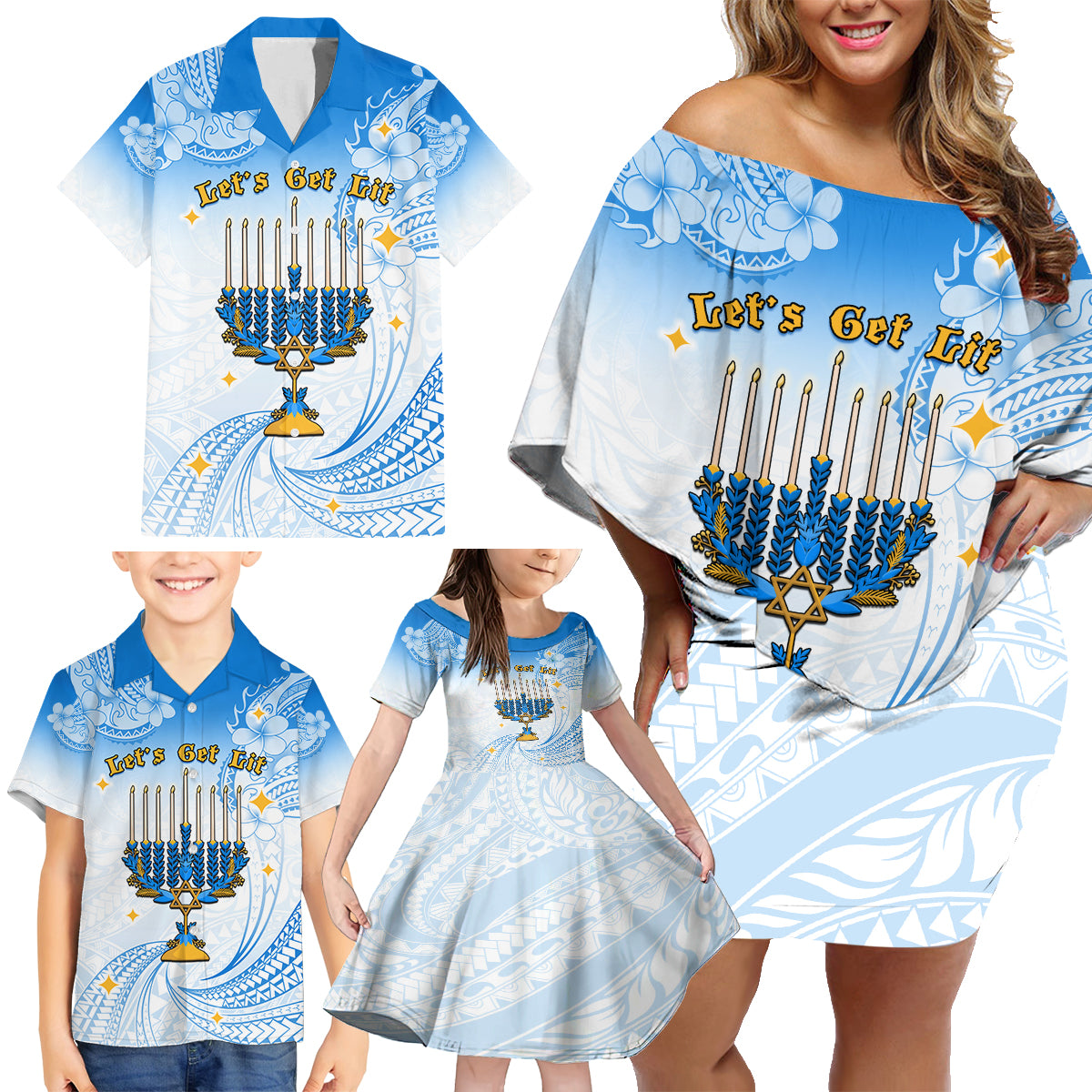 Polynesia Hanukkah Festival Family Matching Off Shoulder Short Dress and Hawaiian Shirt With Menorah Polynesian Style LT05 - Polynesian Pride