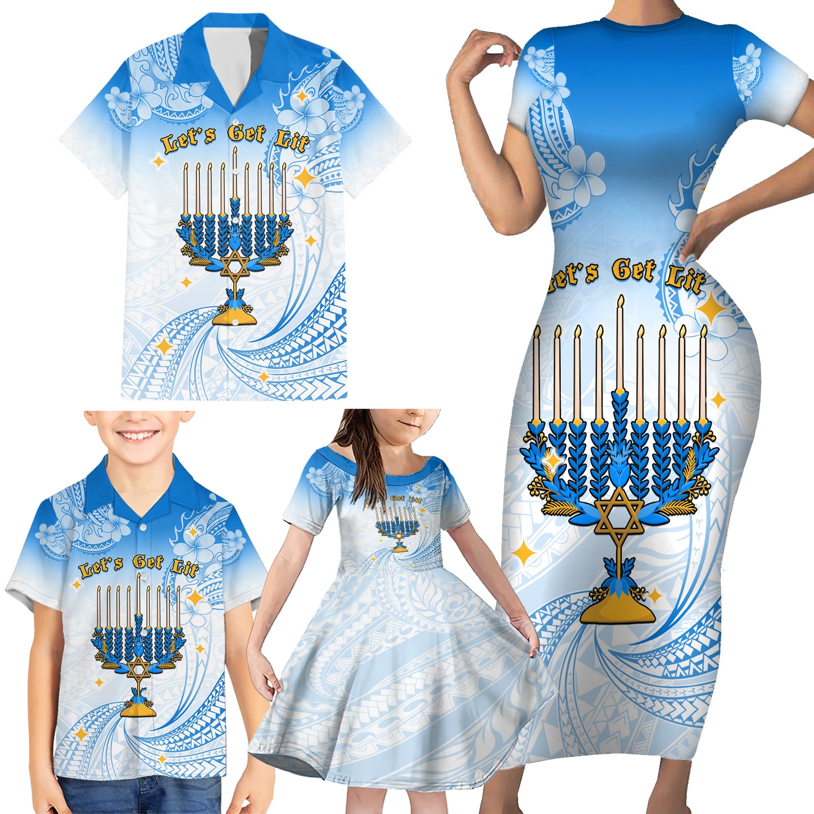 Polynesia Hanukkah Festival Family Matching Short Sleeve Bodycon Dress and Hawaiian Shirt With Menorah Polynesian Style LT05 - Polynesian Pride