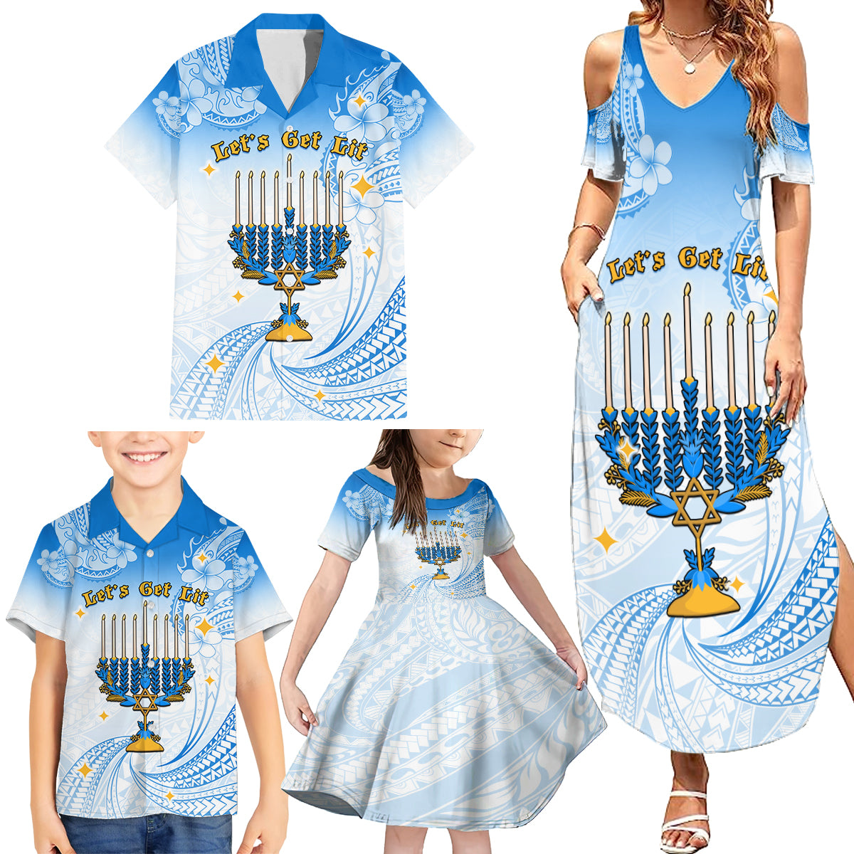 Polynesia Hanukkah Festival Family Matching Summer Maxi Dress and Hawaiian Shirt With Menorah Polynesian Style LT05 - Polynesian Pride