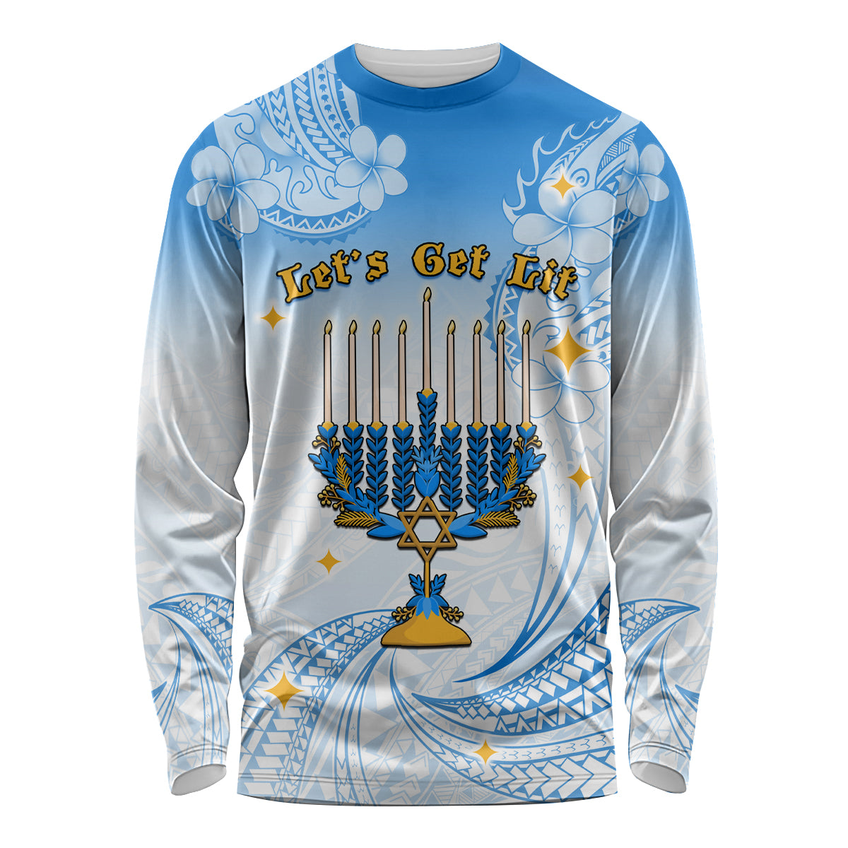 Polynesia Hanukkah Festival Long Sleeve Shirt With Menorah Polynesian Style LT05 Unisex Blue - Polynesian Pride