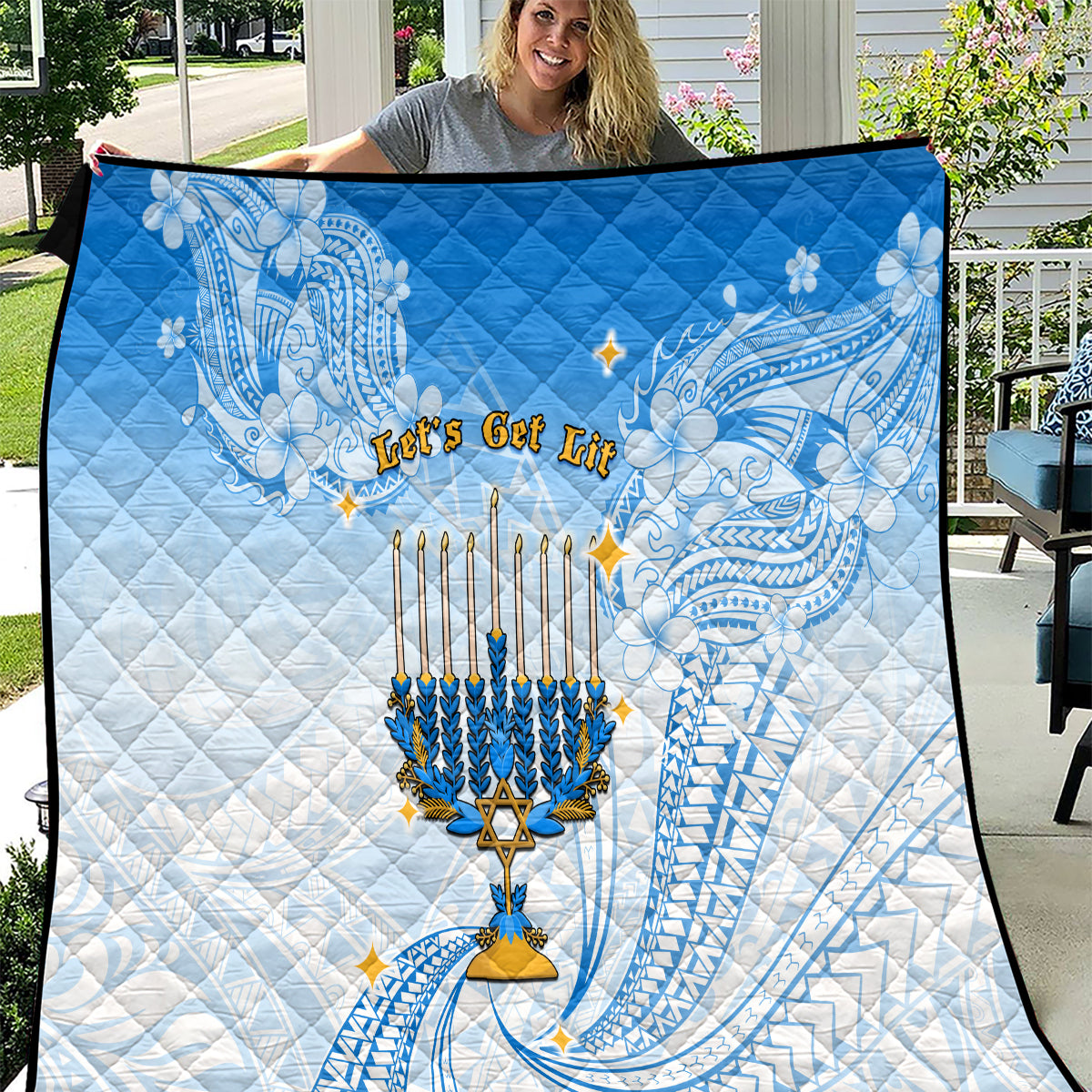 Polynesia Hanukkah Festival Quilt With Menorah Polynesian Style LT05 Blue - Polynesian Pride