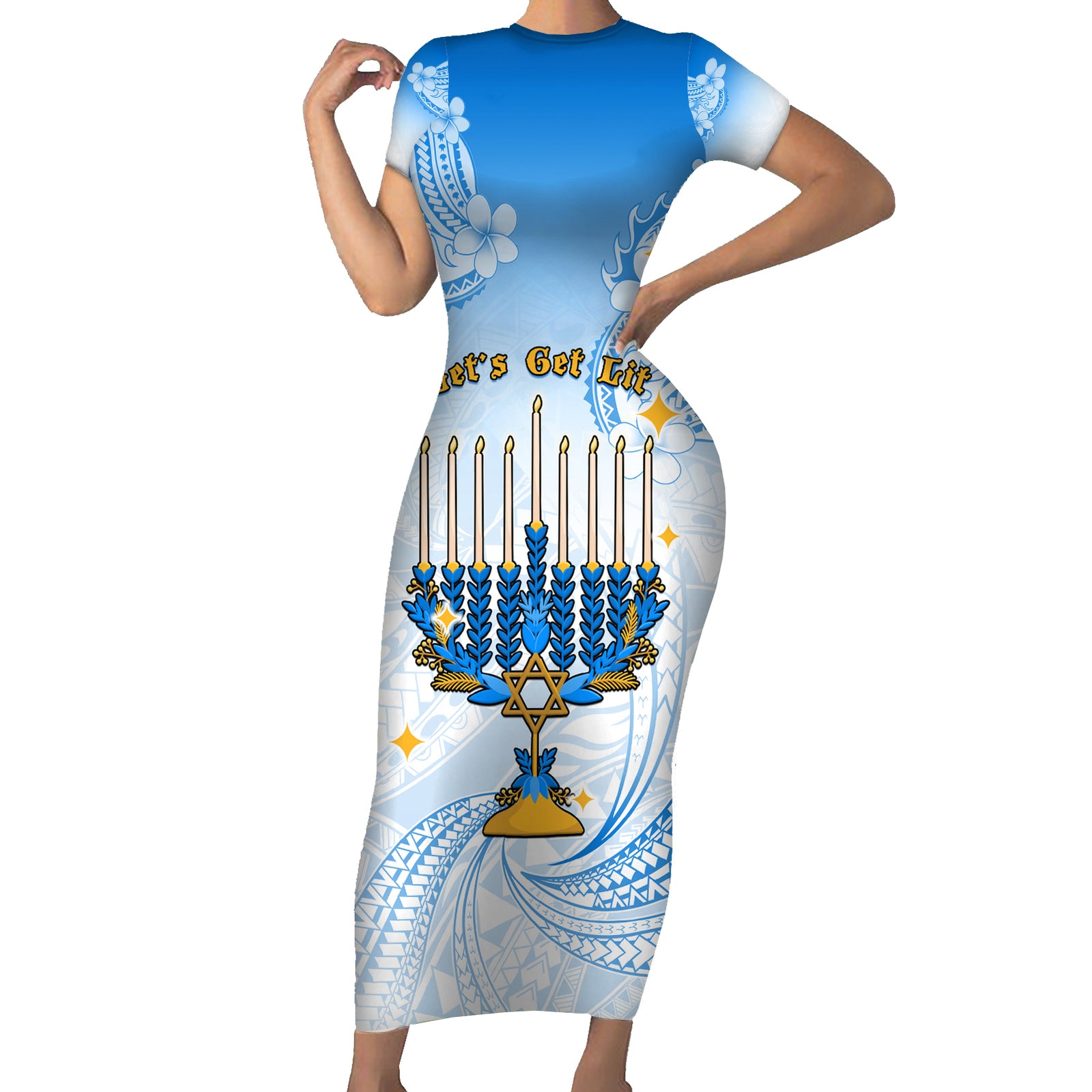 Polynesia Hanukkah Festival Short Sleeve Bodycon Dress With Menorah Polynesian Style LT05 Long Dress Blue - Polynesian Pride