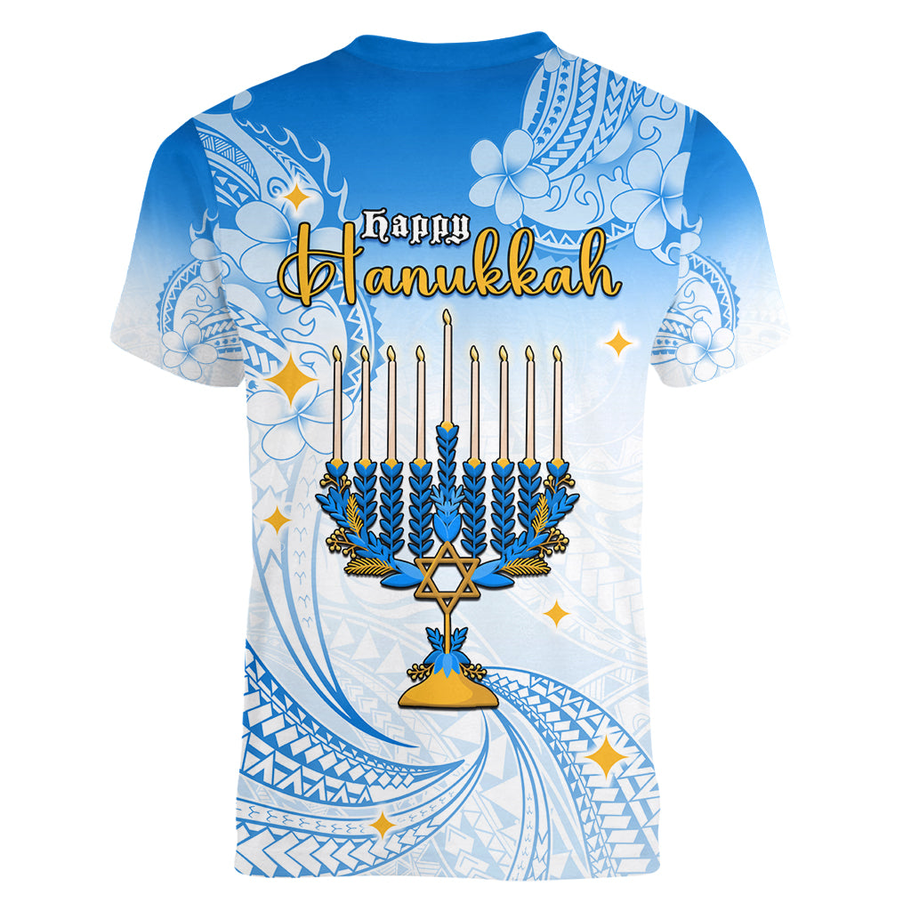 Polynesia Hanukkah Festival Women V Neck T Shirt With Menorah Polynesian Style LT05 - Polynesian Pride