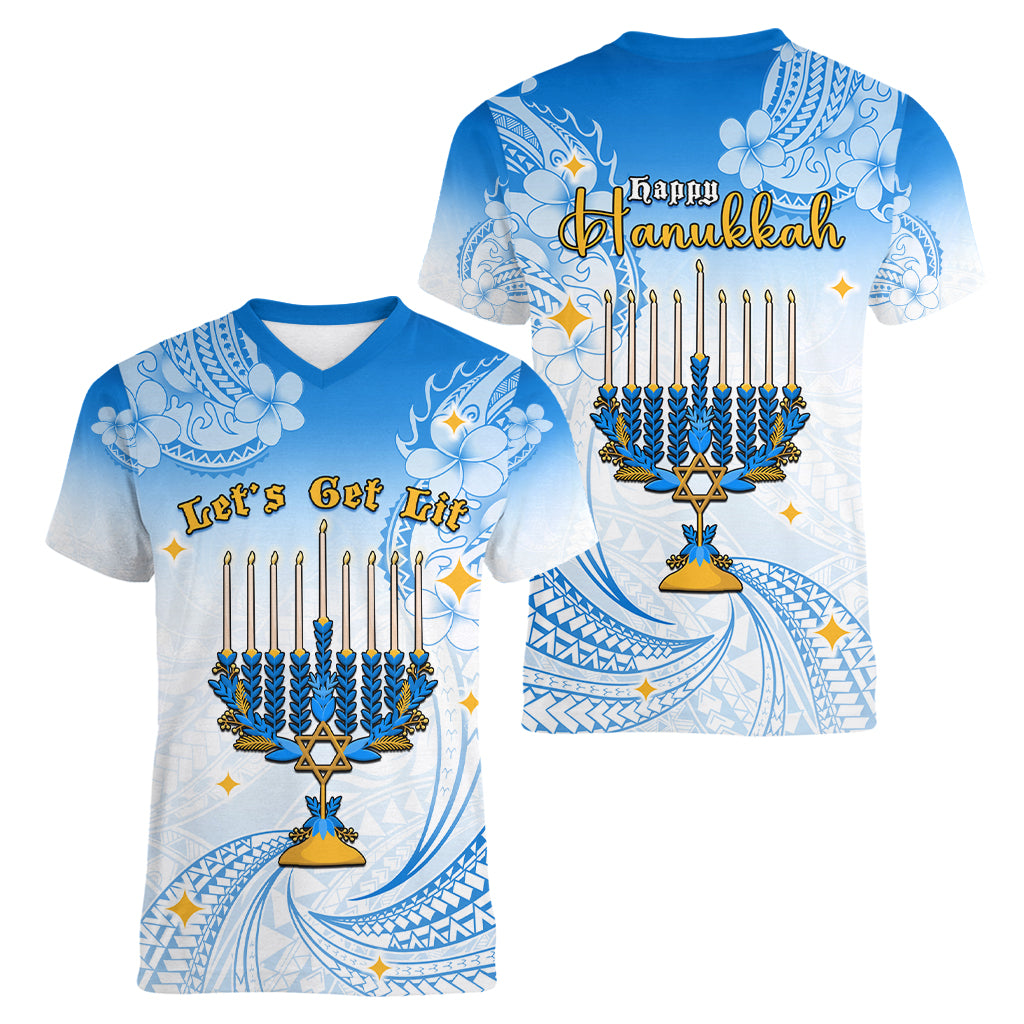 Polynesia Hanukkah Festival Women V Neck T Shirt With Menorah Polynesian Style LT05 - Polynesian Pride