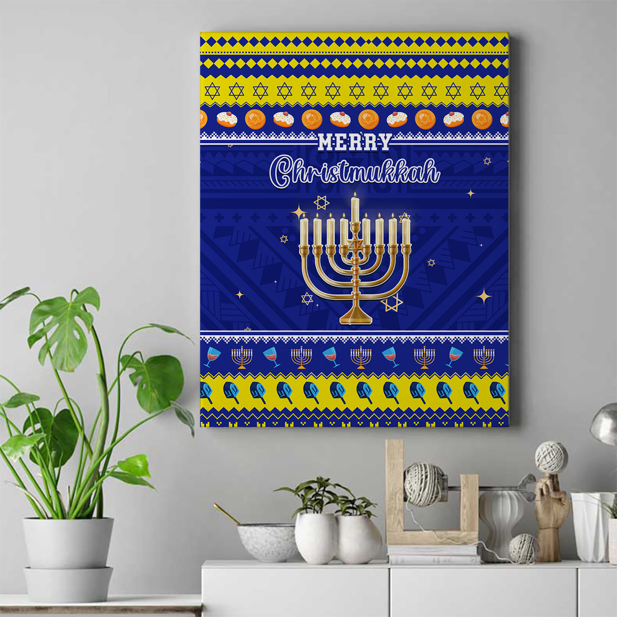 Polynesia Christmukkah Canvas Wall Art Menorah With Polynesian Tribal Pattern LT05 Blue - Polynesian Pride