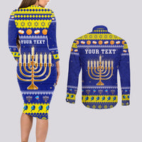 Personalised Polynesia Christmukkah Couples Matching Long Sleeve Bodycon Dress and Long Sleeve Button Shirt Menorah With Polynesian Tribal Pattern LT05 - Polynesian Pride