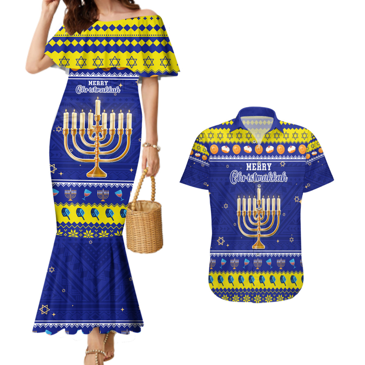 Personalised Polynesia Christmukkah Couples Matching Mermaid Dress and Hawaiian Shirt Menorah With Polynesian Tribal Pattern LT05 Blue - Polynesian Pride