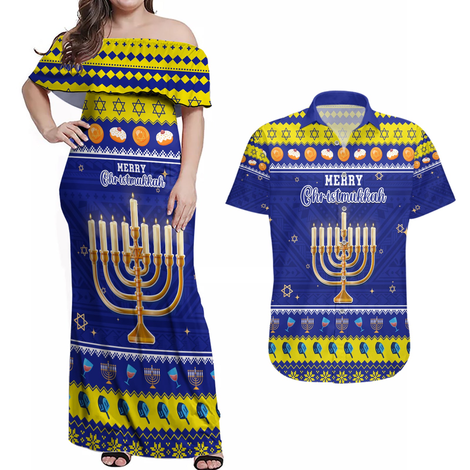 Personalised Polynesia Christmukkah Couples Matching Off Shoulder Maxi Dress and Hawaiian Shirt Menorah With Polynesian Tribal Pattern LT05 Blue - Polynesian Pride