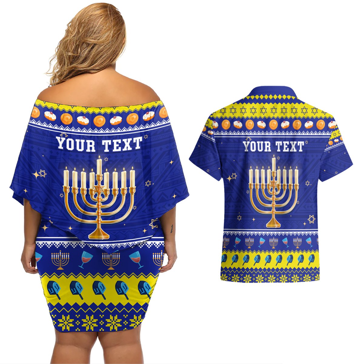 Personalised Polynesia Christmukkah Couples Matching Off Shoulder Short Dress and Hawaiian Shirt Menorah With Polynesian Tribal Pattern LT05 - Polynesian Pride