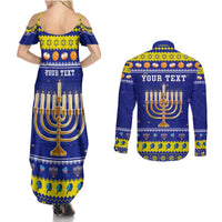 Personalised Polynesia Christmukkah Couples Matching Summer Maxi Dress and Long Sleeve Button Shirt Menorah With Polynesian Tribal Pattern LT05 - Polynesian Pride