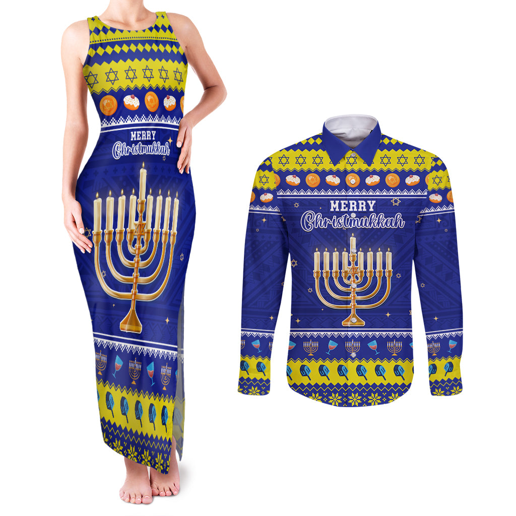 Personalised Polynesia Christmukkah Couples Matching Tank Maxi Dress and Long Sleeve Button Shirt Menorah With Polynesian Tribal Pattern LT05 Blue - Polynesian Pride
