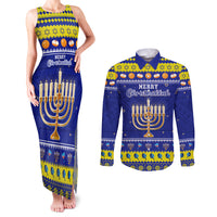 Personalised Polynesia Christmukkah Couples Matching Tank Maxi Dress and Long Sleeve Button Shirt Menorah With Polynesian Tribal Pattern LT05 Blue - Polynesian Pride