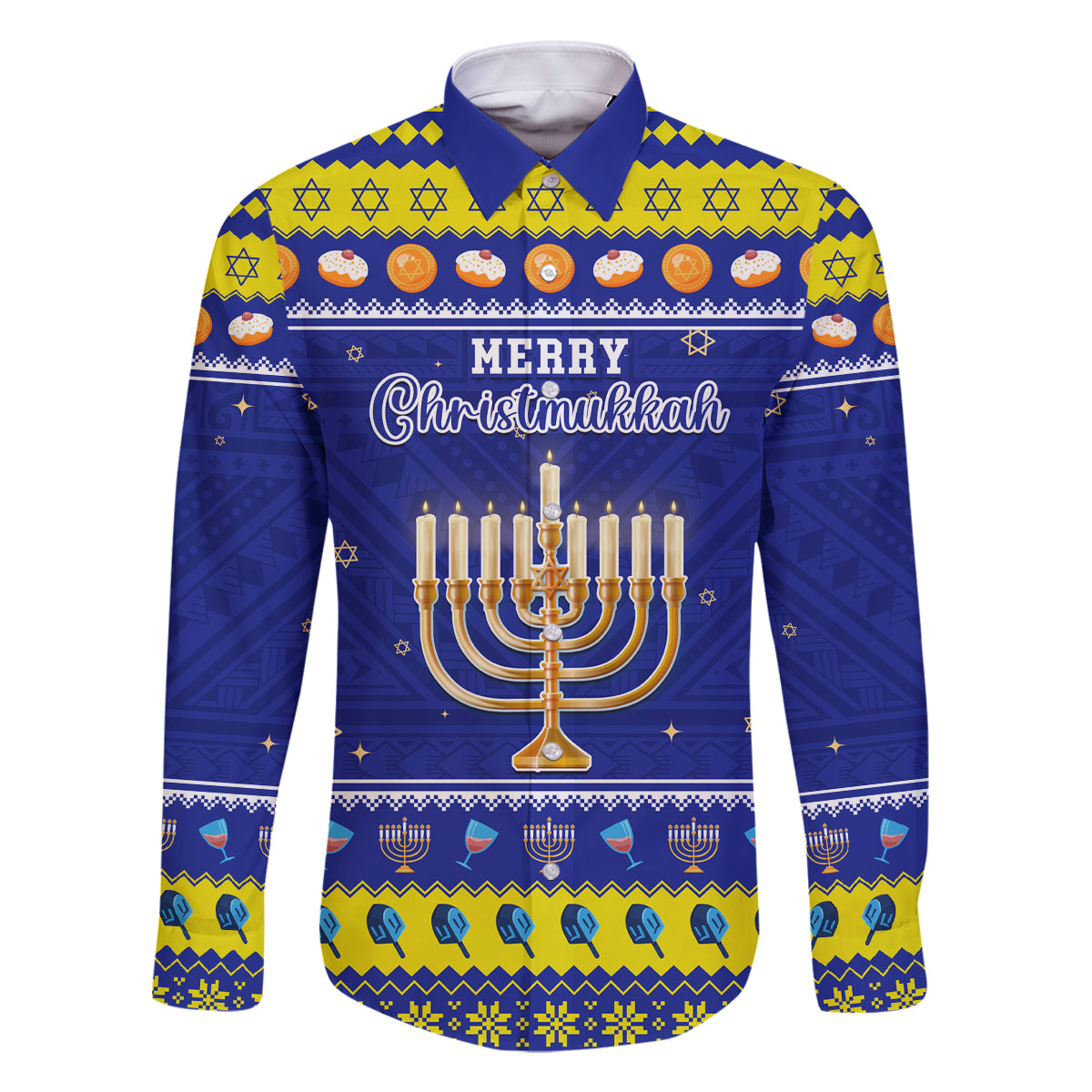 Personalised Polynesia Christmukkah Family Matching Long Sleeve Bodycon Dress and Hawaiian Shirt Menorah With Polynesian Tribal Pattern LT05 Dad's Shirt - Long Sleeve Blue - Polynesian Pride