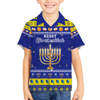 Personalised Polynesia Christmukkah Family Matching Off Shoulder Long Sleeve Dress and Hawaiian Shirt Menorah With Polynesian Tribal Pattern LT05 Son's Shirt Blue - Polynesian Pride
