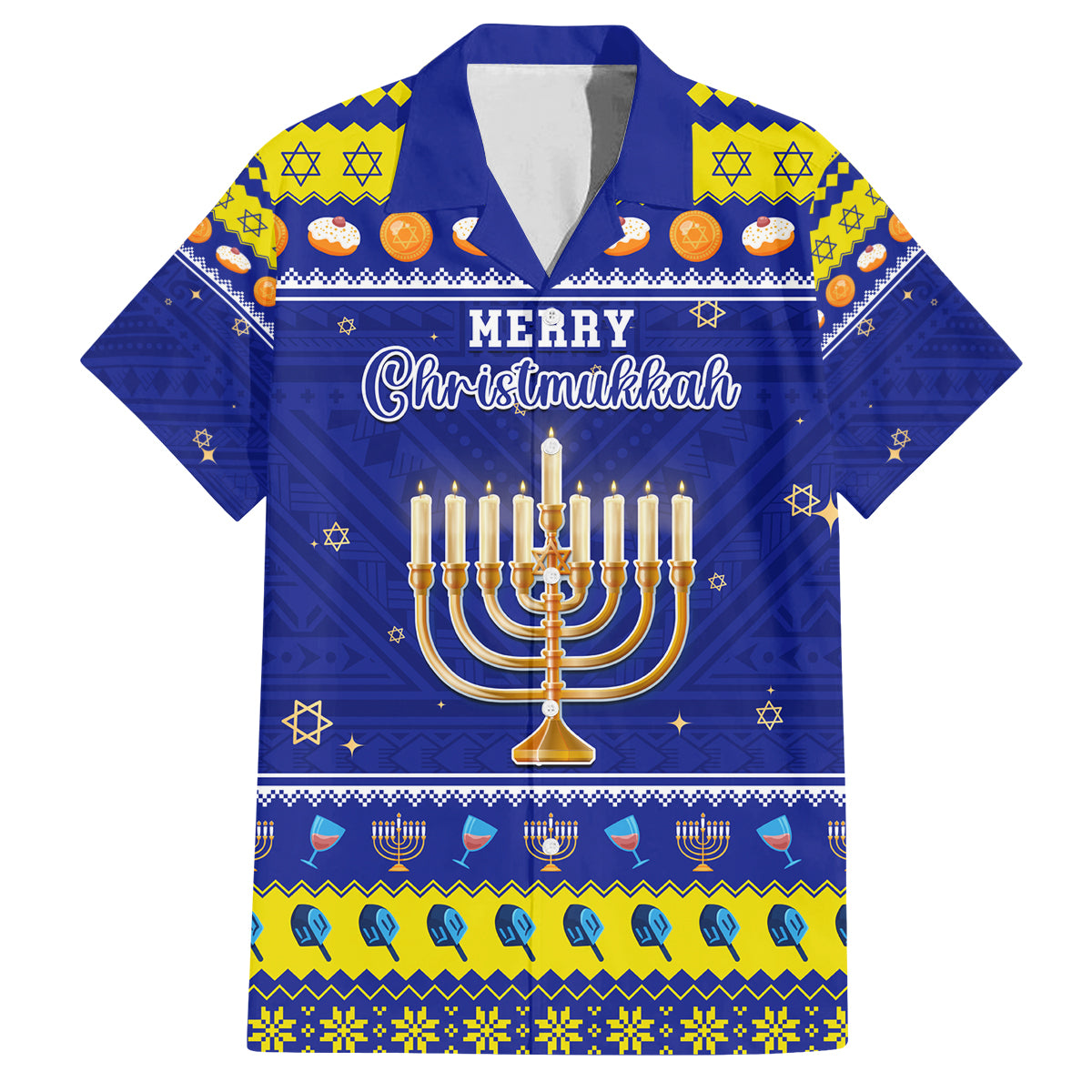 Personalised Polynesia Christmukkah Family Matching Puletasi Dress and Hawaiian Shirt Menorah With Polynesian Tribal Pattern LT05 Dad's Shirt - Short Sleeve Blue - Polynesian Pride
