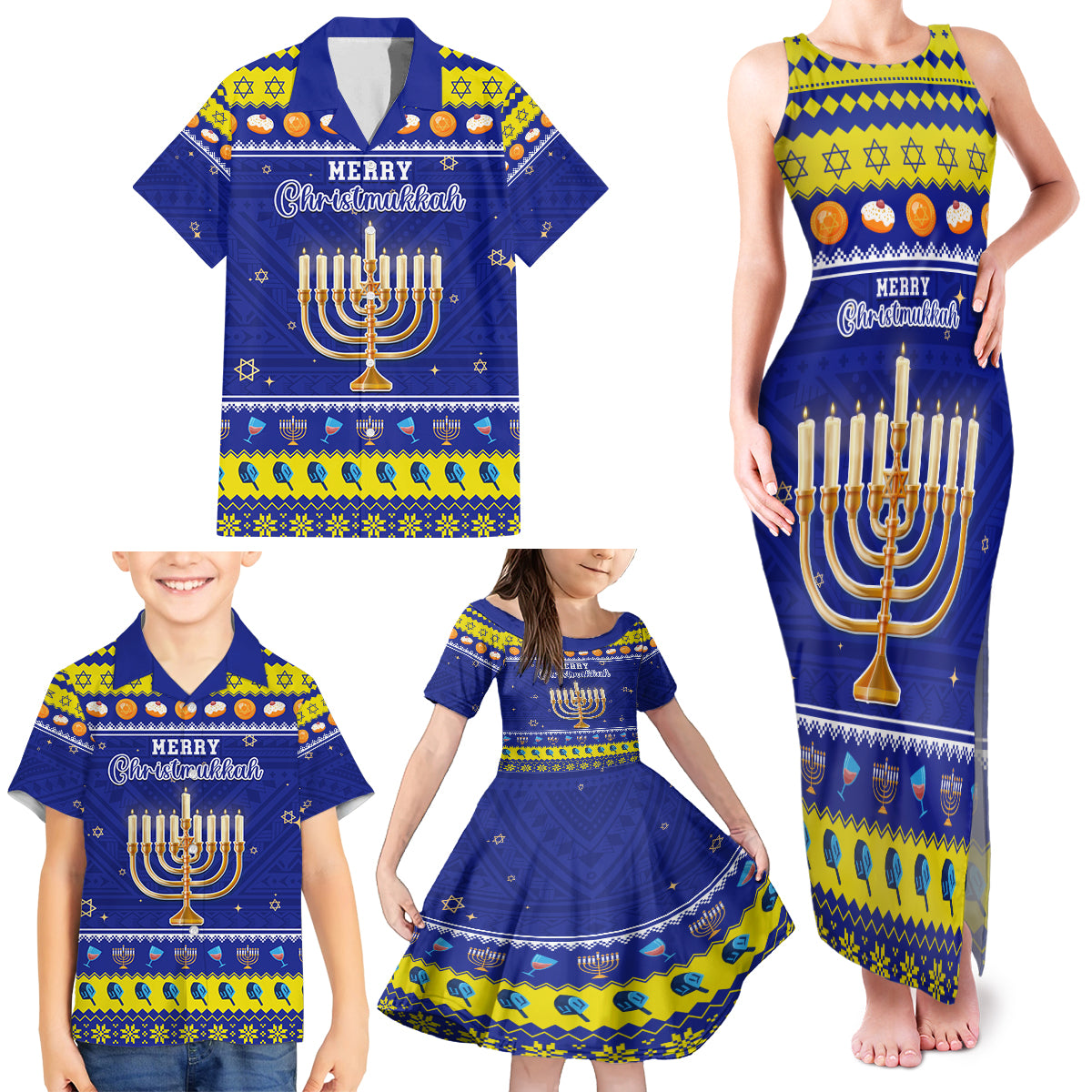 Personalised Polynesia Christmukkah Family Matching Tank Maxi Dress and Hawaiian Shirt Menorah With Polynesian Tribal Pattern LT05 - Polynesian Pride