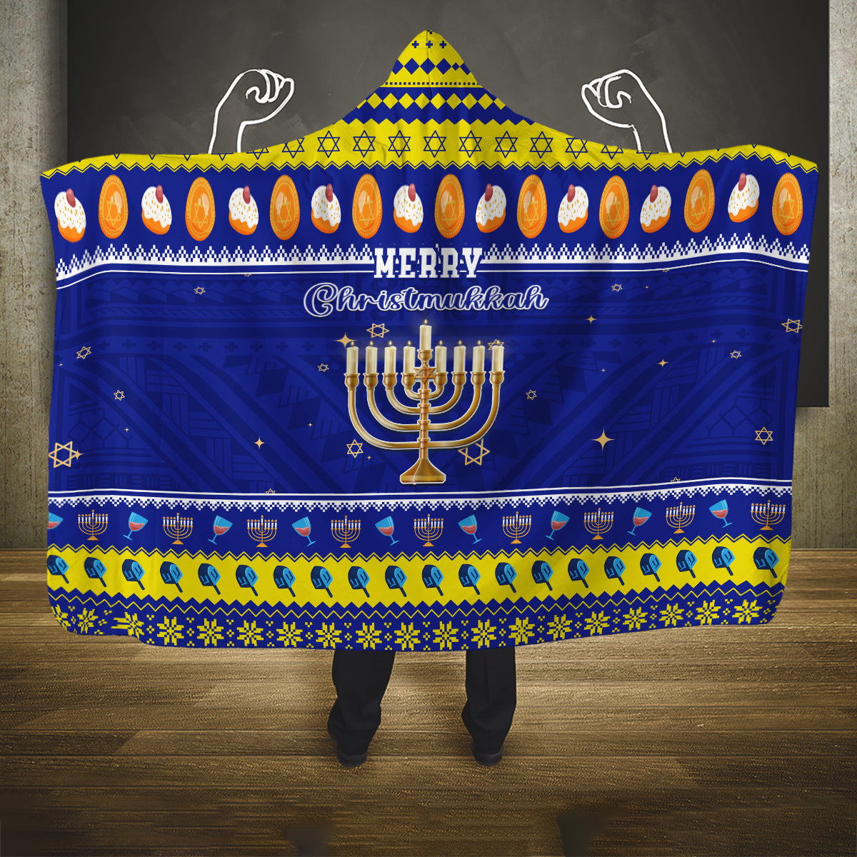 Polynesia Christmukkah Hooded Blanket Menorah With Polynesian Tribal Pattern LT05 One Size Blue - Polynesian Pride