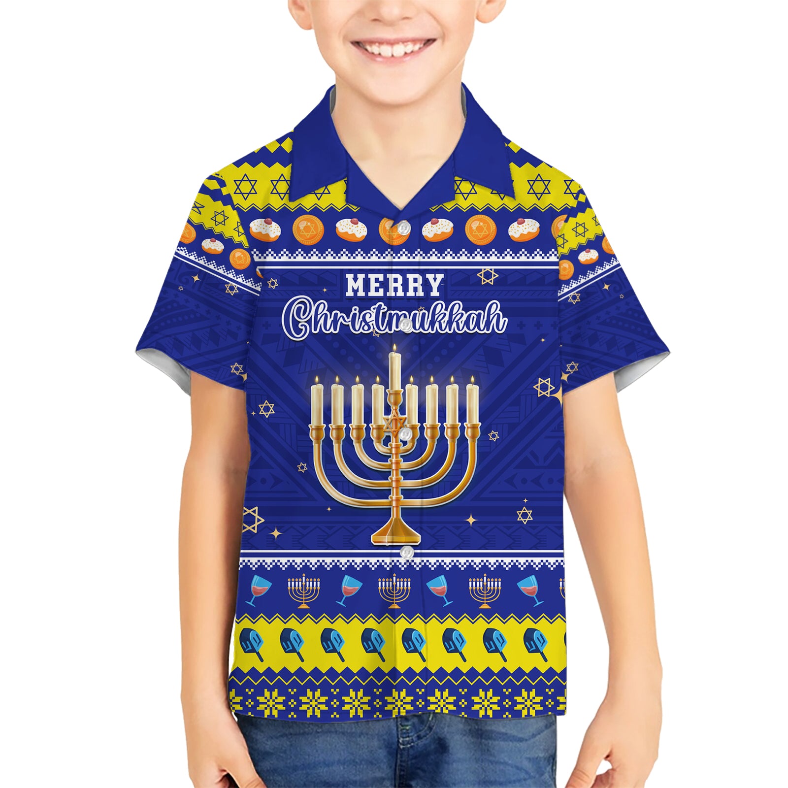 Personalised Polynesia Christmukkah Kid Hawaiian Shirt Menorah With Polynesian Tribal Pattern LT05 Kid Blue - Polynesian Pride