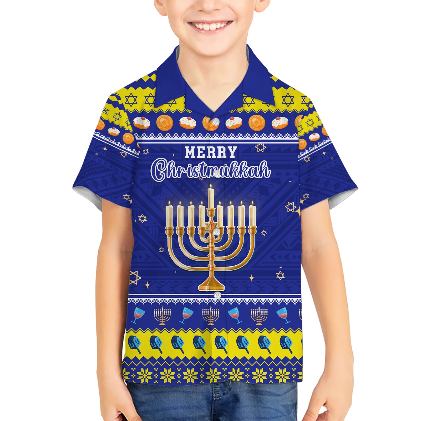 Personalised Polynesia Christmukkah Kid Hawaiian Shirt Menorah With Polynesian Tribal Pattern LT05 Kid Blue - Polynesian Pride
