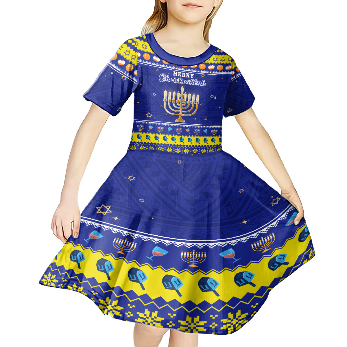 Personalised Polynesia Christmukkah Kid Short Sleeve Dress Menorah With Polynesian Tribal Pattern LT05 - Polynesian Pride